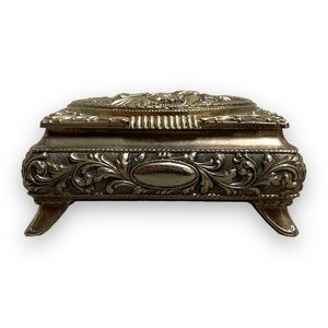 Intricate Silver Jewelry Box With Red Velvet Lining